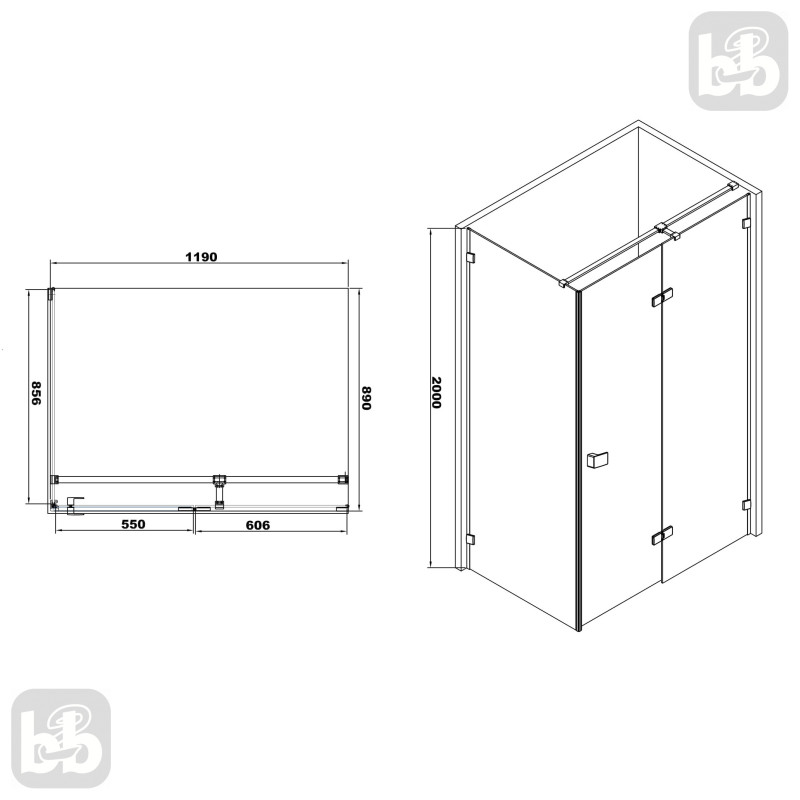 VOLLE DE LA NOCHE душевая кабина 120*90*200см (стекла + двери) правая, распашная, стекло прозрачное 8мм с Nano покрытием, ИЗ (10-40-195R-black)