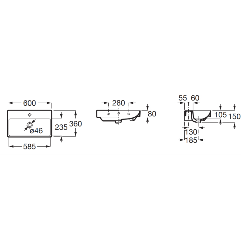 ROCA ONA умивальник CPT 60x36x15 см, прямокутний, з отвором під змішувач, Fineceramic, (A327684000)