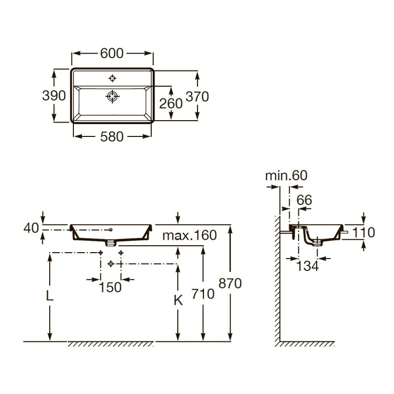 ROCA GAP умивальник 60*39см, вбуд., прямокутний, з отвором пiд змiшувач, (A3270YA000)