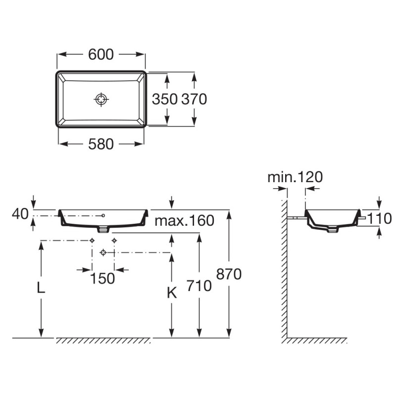 ROCA GAP умивальник 60*37см, вбуд., прямокутний, без отвору пiд змiшувач, (A3270Y8000)