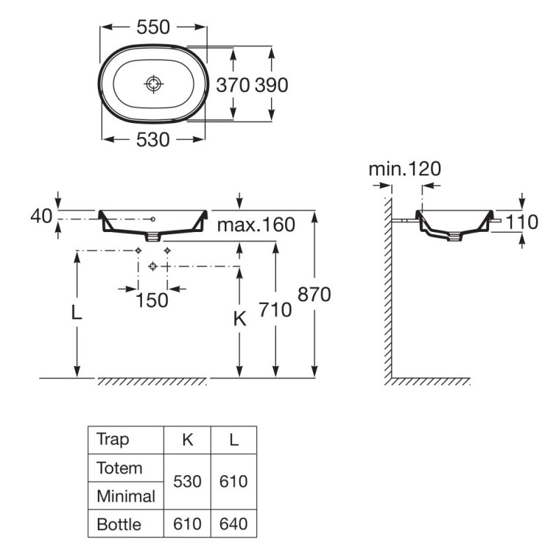 ROCA GAP умивальник 55*39см, вбуд., овальний, без отвору пiд змiшувач, (A3270Y5000)