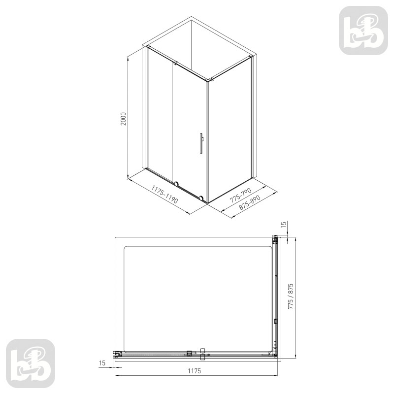 VOLLE TEO душова кабіна 117,5*87,5*200см без піддона, розсувна, хромована, скло прозоре 8мм, (10-22-333)