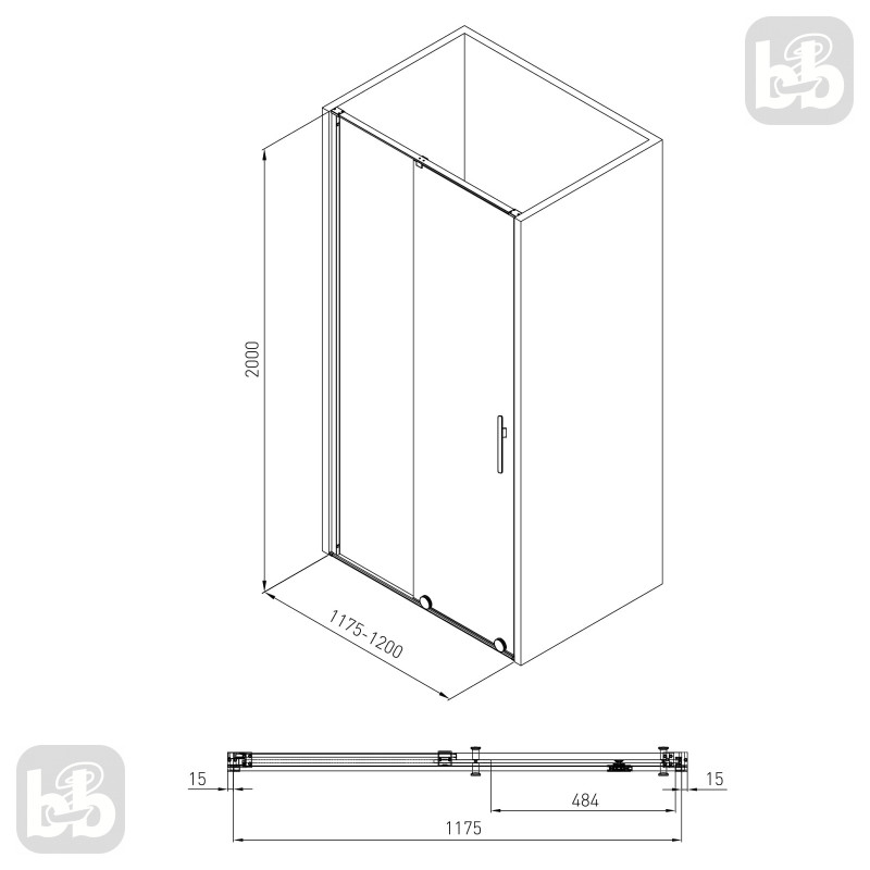 VOLLE TEO душова кабіна 117,5*87,5*200см без піддона, розсувна, хромована, скло прозоре 8мм, (10-22-333)