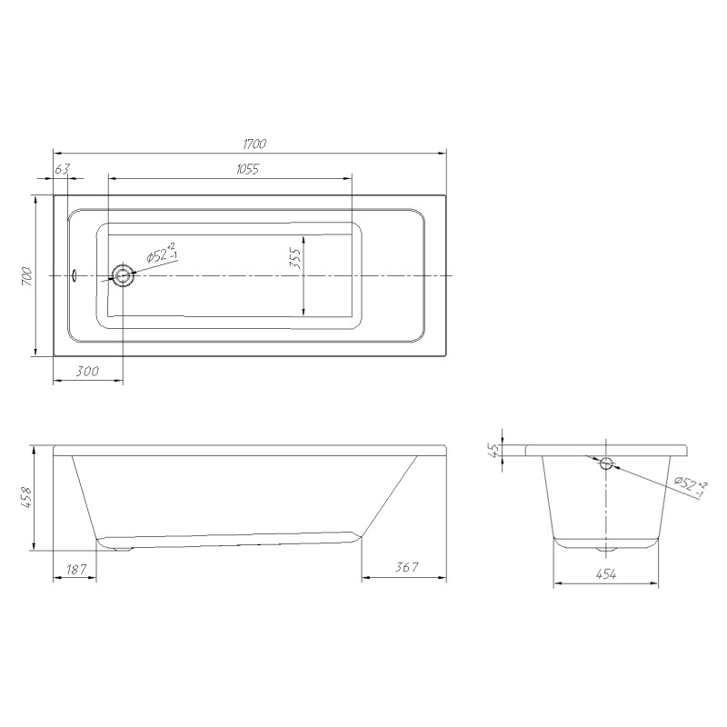 VOLLE LIBRA ванна 170*70*45,8см без ніжок, акрил 5мм, (TS-1770458)