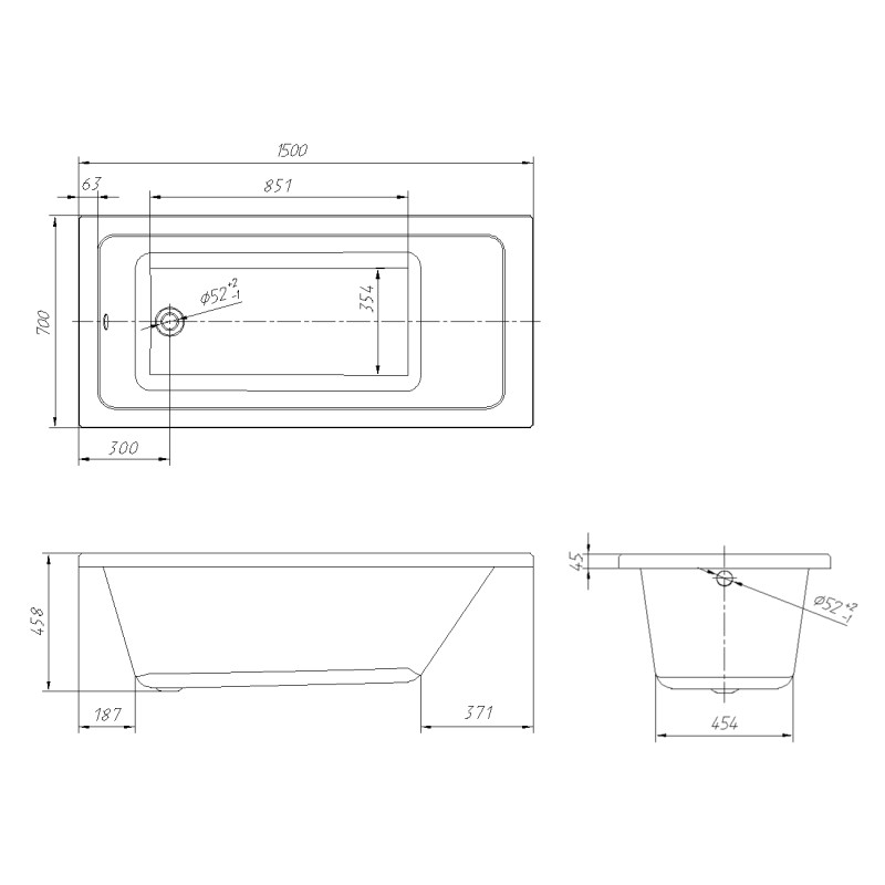 VOLLE LIBRA ванна 150*70*45,8см без ніжок, акрил 5мм, (TS-1570458)