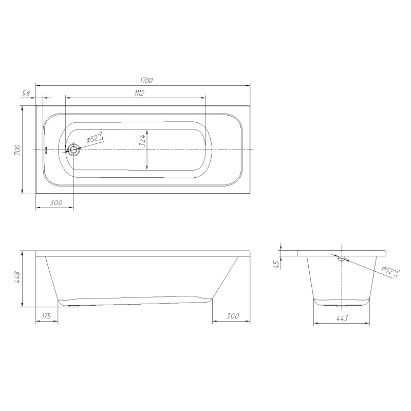 VOLLE ALTEA ванна 170*70*44,8см без ніжок, акрил 5мм, (TS-1770448)