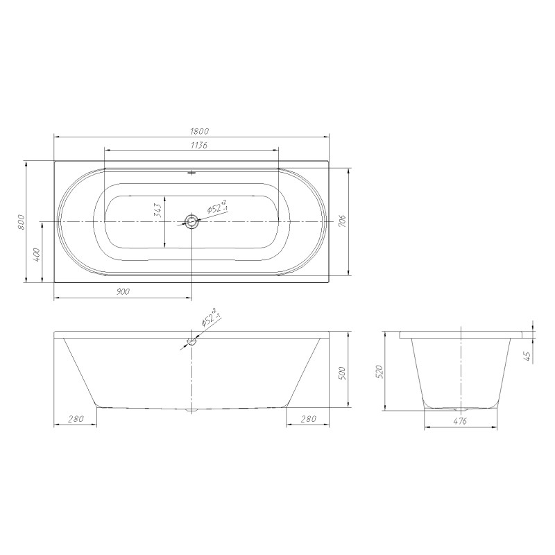 VOLLE Ванна OLIVA 1800*800*500мм без ножек, из акрила 6мм, (TS-1880500)
