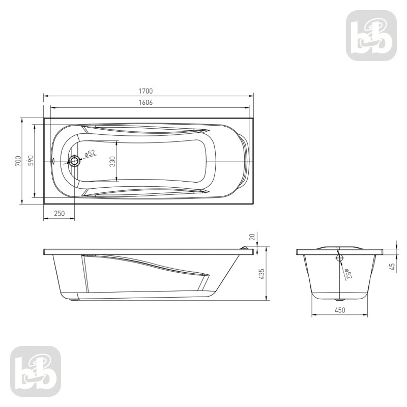 VOLLE FIESTA ванна 170*70*43,5см без ніжок, акрил 5мм, (TS-1770435)