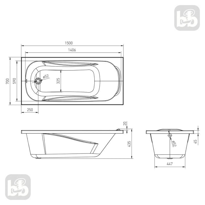 VOLLE FIESTA ванна 150*70*43,5см без ніжок, акрил 5мм, (TS-1570435)