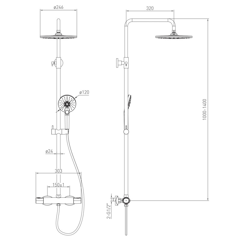 VOLLE SISTEMA E система душова (термостат для душа, верхній душ 244 мм ABS коло, ручний душ 120 мм 3 режими, шланг 160 см), cromo, (1580.090501)