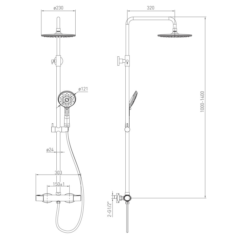 VOLLE SISTEMA E система душова (термостат для душа, верхній душ 230 мм ABS коло, ручний душ 121 мм 3 режими, шланг 160 см), cromo, (1580.090101)