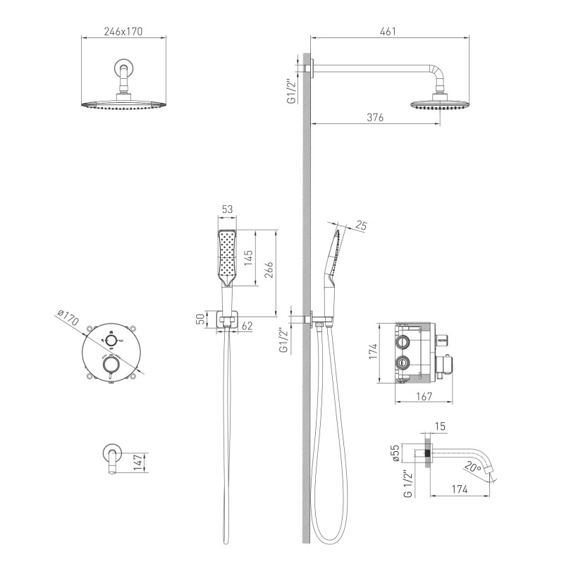 VOLLE SISTEMA P система душова прихованого монтажу (термостат для ванни,верх.душ 246*170мм ABS,руч.душ 53мм 1 режим,темно-сірі лійки,вилив,шланг160см),cromo, (1584.090901)