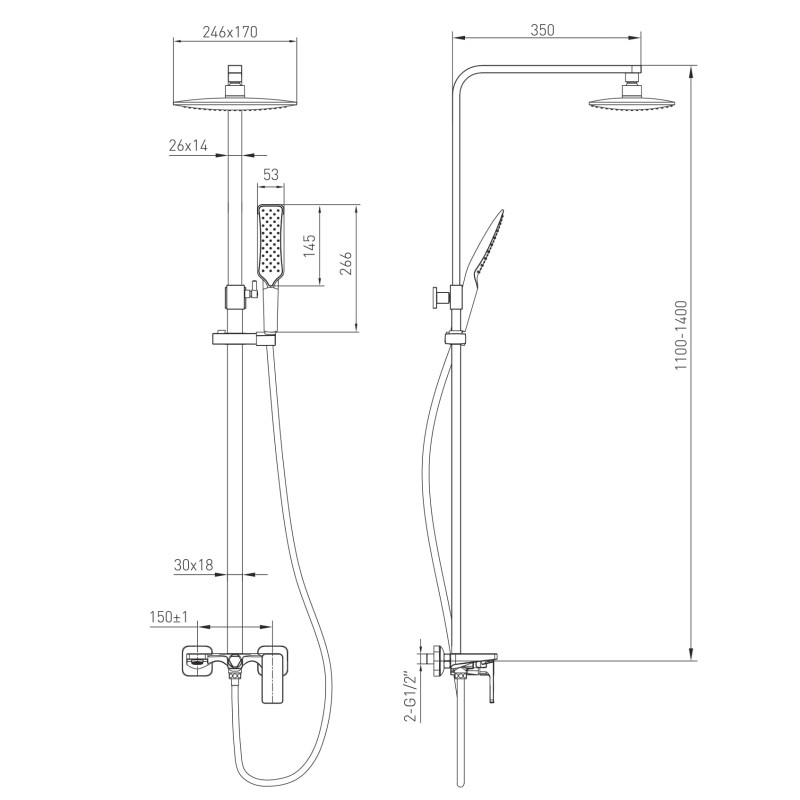 VOLLE SISTEMA P система душова (змішувач для ванни, верхній душ 246*170 мм ABS, ручний душ 53 мм 1 режим, темно-сірі лійки, шланг 160 см), cromo, (1584.090101)