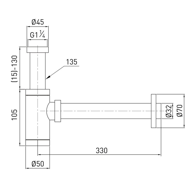 VOLLE Сифон для умывальника с цилиндрическим колпаком, латунь, 1 1/4, труба Ø32 мм, никелированный, (9000.094202)