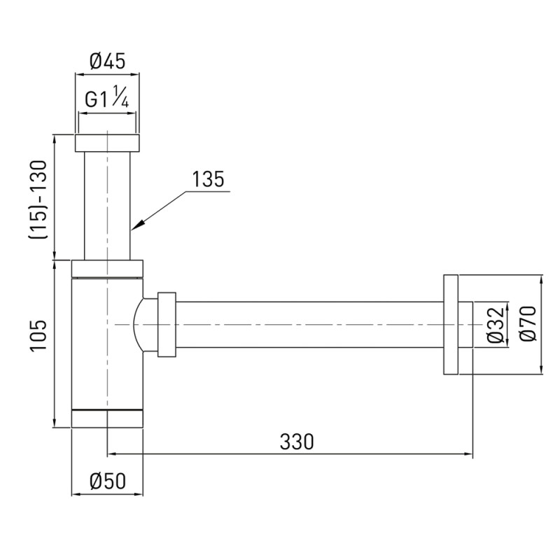 VOLLE Сифон для умивальника з циліндричною колбою, латунь 1 1/4, патрубок Ø32 мм, pistola gris, (9000.094205)