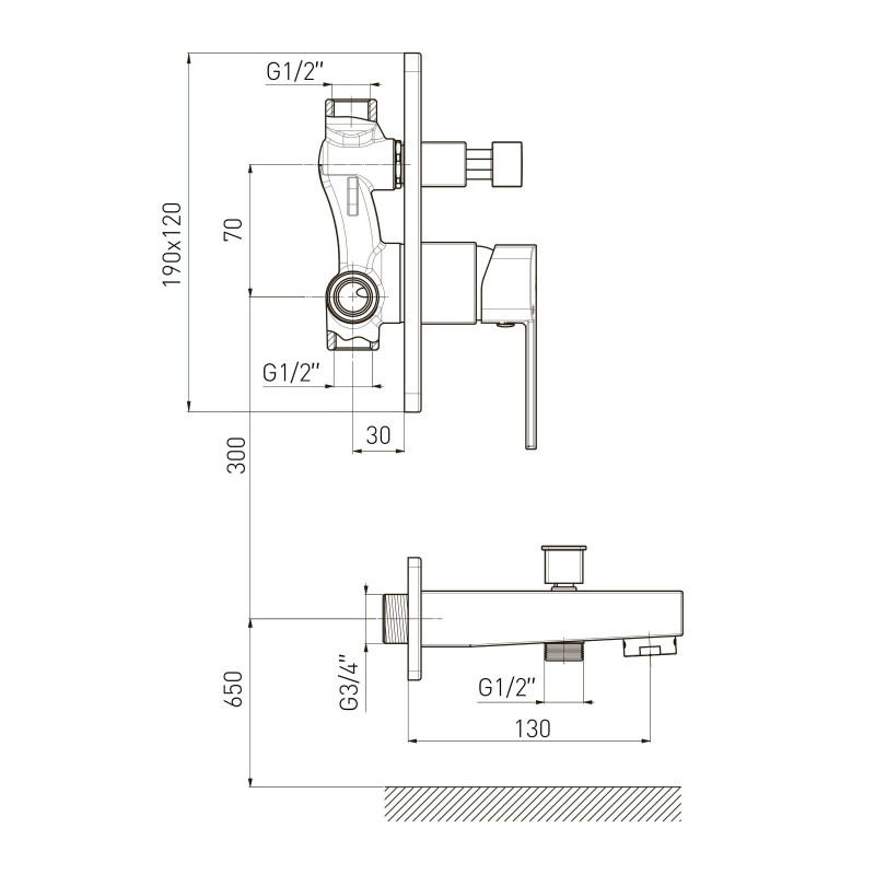 VOLLE SOTA змішувач для ванни прихованого монтажу з виливом (з перемикачем), 35 мм, cromo, (1538.100301)