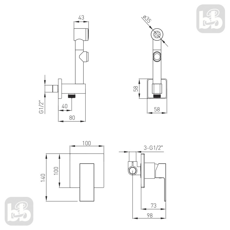 VOLLE DE LA NOCHE набор (смеситель скрытого монтажа с гигиеническим душем), (10-40-5200-black)