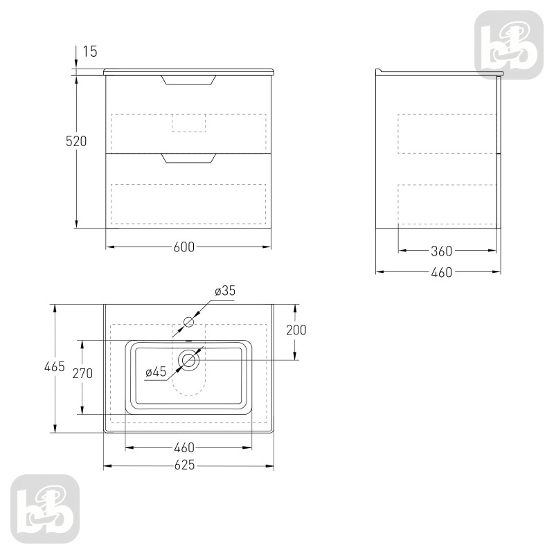 VOLLE LIBRA комплект меблів 60см білий: тумба підвісна, 2 ящики + умивальник накладний арт 15-41-060, (15-41-61)