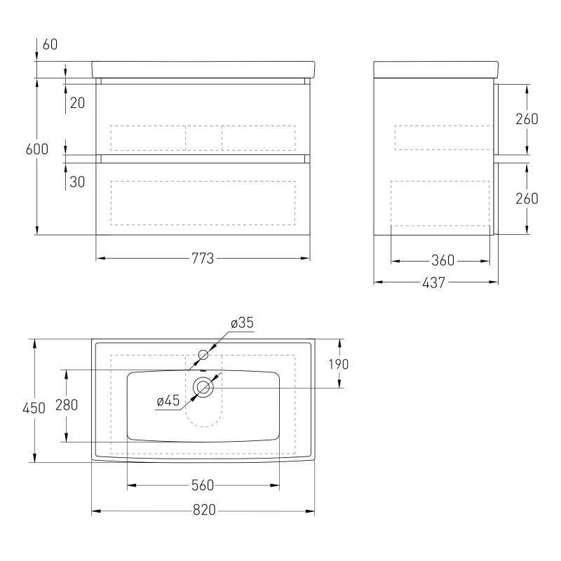 VOLLE OLIVA комплект меблів 80см білий: тумба підвісна, 2 ящики + умивальник накладний арт 13-01-065В, (15-45-81)