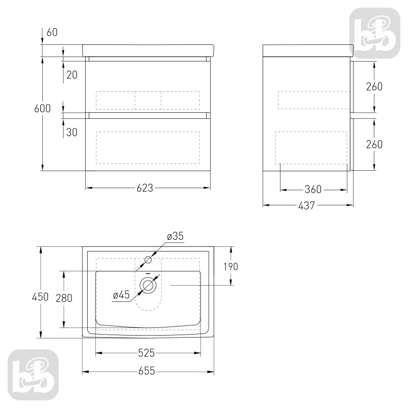 VOLLE OLIVA комплект меблів 65см білий: тумба підвісна, 2 ящики + умивальник накладний арт 13-01-065А, (15-45-61)
