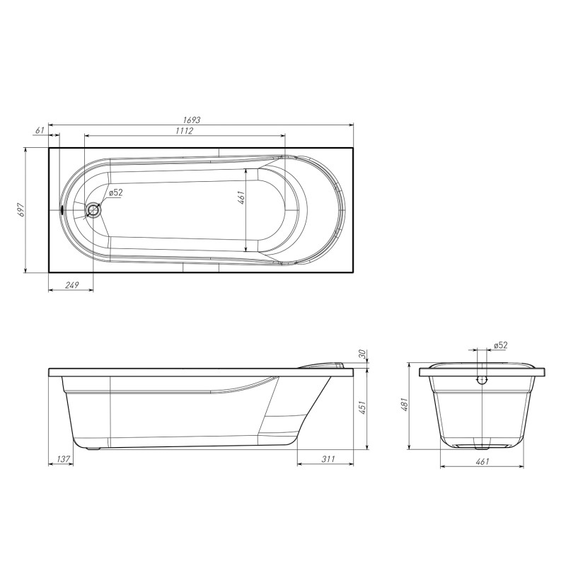 VOLLE IBERIA ванна 170*70*48см без ніжок, акрил 5мм, (TS-1770481)