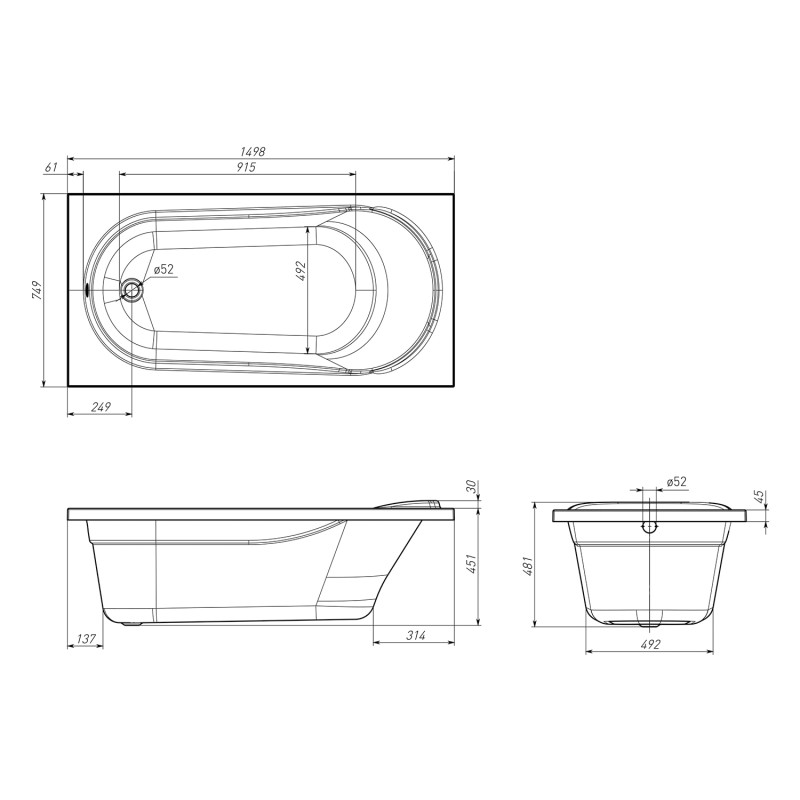 VOLLE IBERIA ванна 150*75*48см без ніжок, акрил 5мм, (TS-1575481)