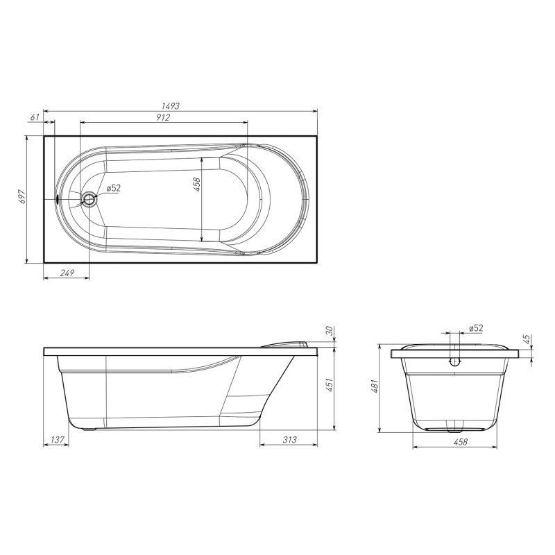 VOLLE IBERIA ванна 150*70*48см без ніжок, акрил 5мм, (TS-1570481)