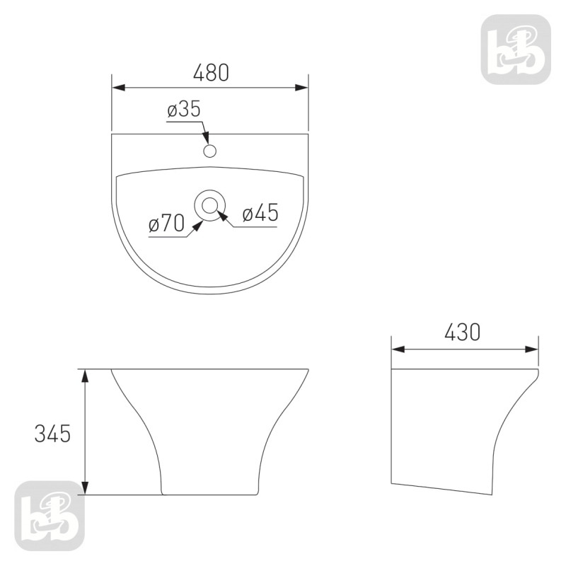 VOLLE FIESTA раковина 48*43*34,5 см моноблок підвісний, (13-77-049B)