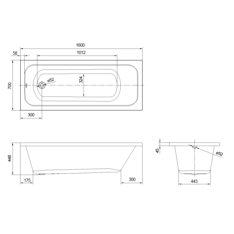VOLLE ALTEA ванна 160*70*44,8см без ніжок, акрил 5мм, (TS-1670448)