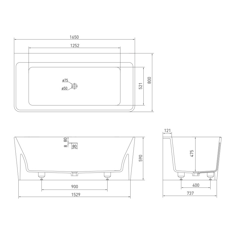 VOLLE Ванна пристінна окремостояча кам'яна Solid surface 1650 * 800 * 590мм, (12-40-051)