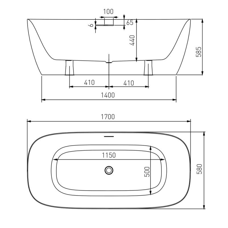 VOLLE Ванна 170*80*58,5см отдельно стоящая, матовая акриловая, с сифоном, (12-22-808M)