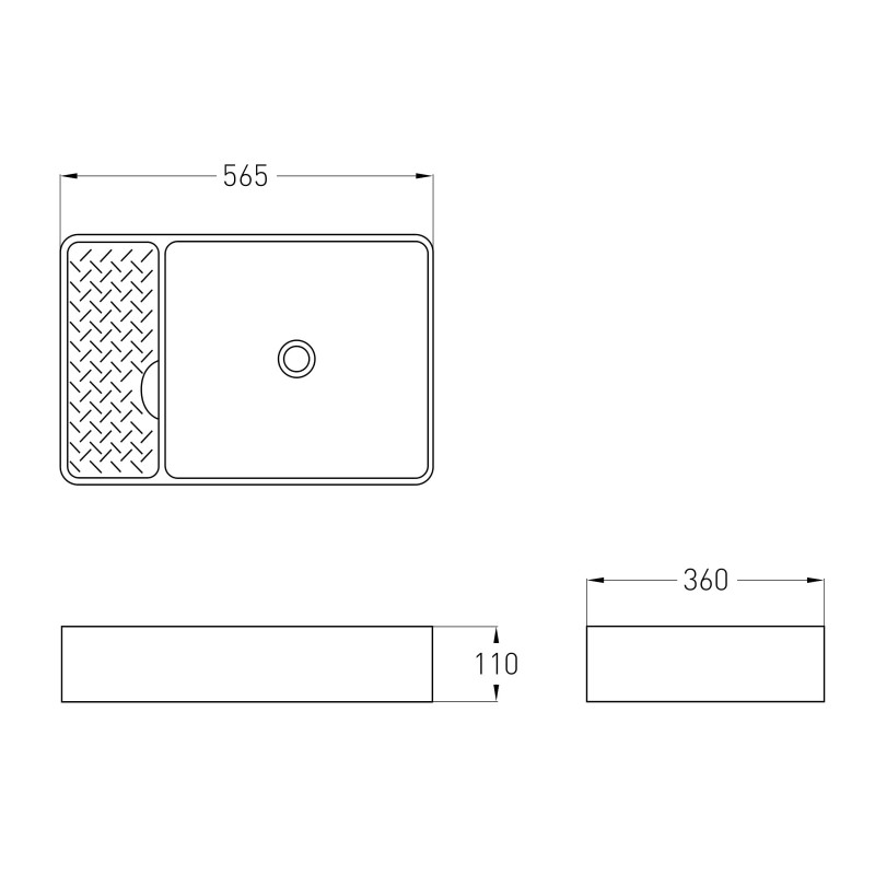 VOLLE DIOS 4 раковина прямокутна 56,5*36*11см накладна без отвору під змішувач, (1301.634800)