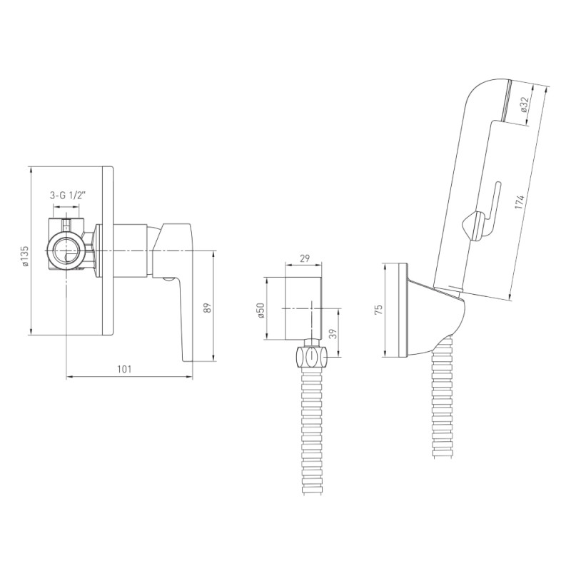 VOLLE SOLAR набір гігієнічний (змішувач прихованого монтажу з гігієнічним душем), cromo, (1530.160101)
