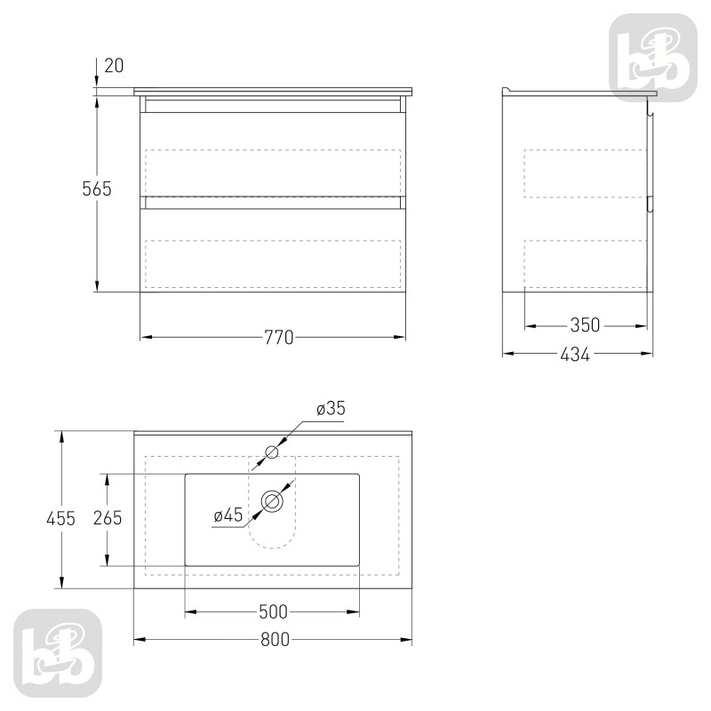 VOLLE LEON комплект меблів 80см білий: тумба підвісна, 2 ящики + умивальник накладний арт 13-01-402В, (15-11-81)