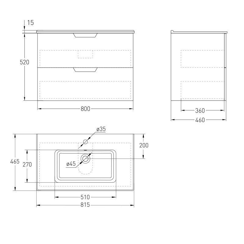VOLLE LIBRA комплект меблів 80см білий: тумба підвісна, 2 ящики + умивальник накладний арт 15-41-80, (15-41-81)
