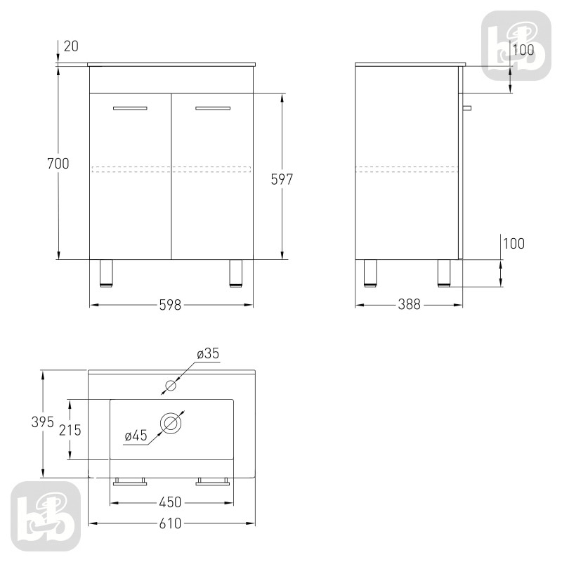 VOLLE MARO комплект меблів 60см білий: тумба підлогова, 2 дверцят + умивальник накладний арт 13-01-395, (15-52-61)