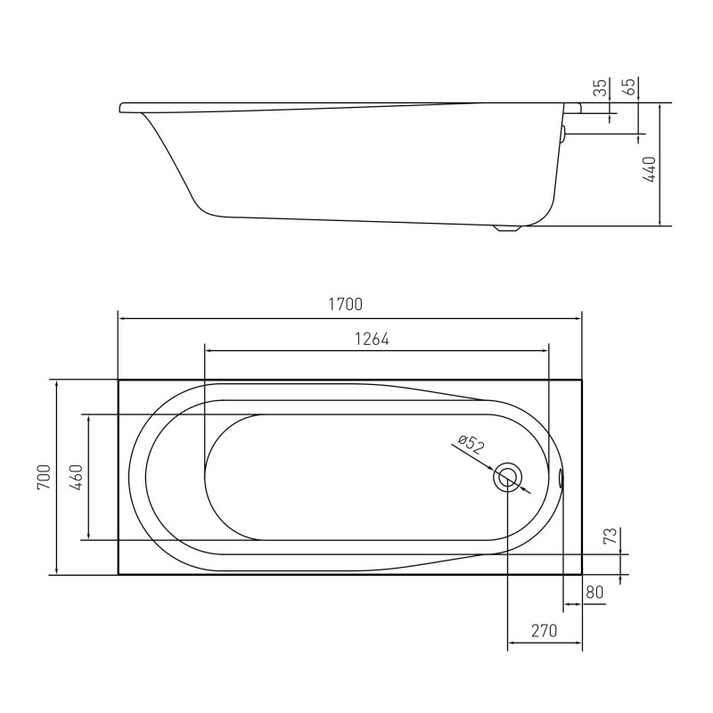 VOLLE AIVA ванна 170*70*44 см без ніжок, акрил 5мм, (TS-1776844)