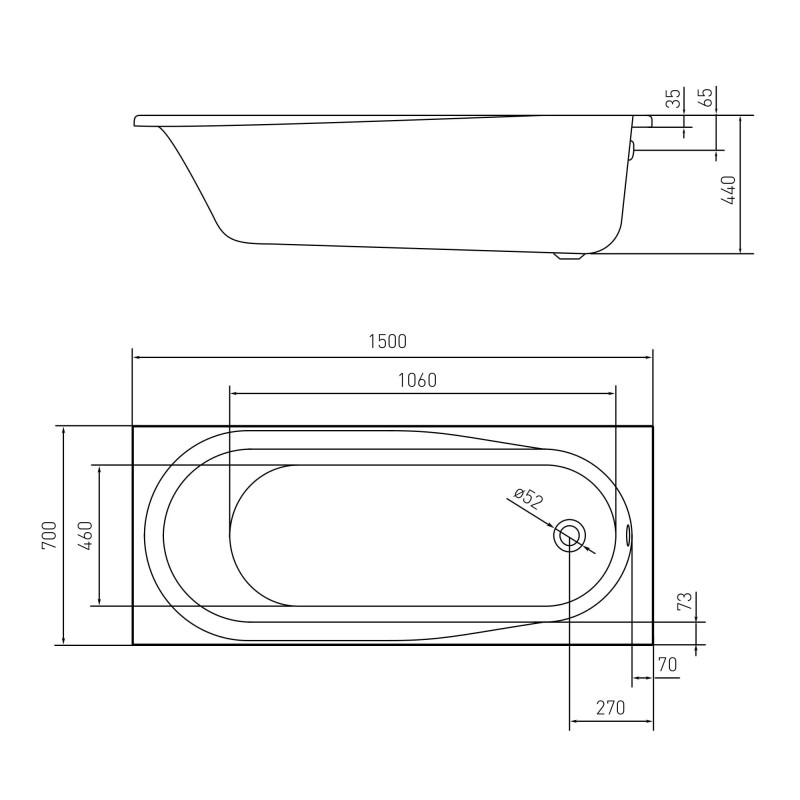 VOLLE AIVA ванна 150*70*44 см без ніжок, акрил 5мм, (TS-1576844)