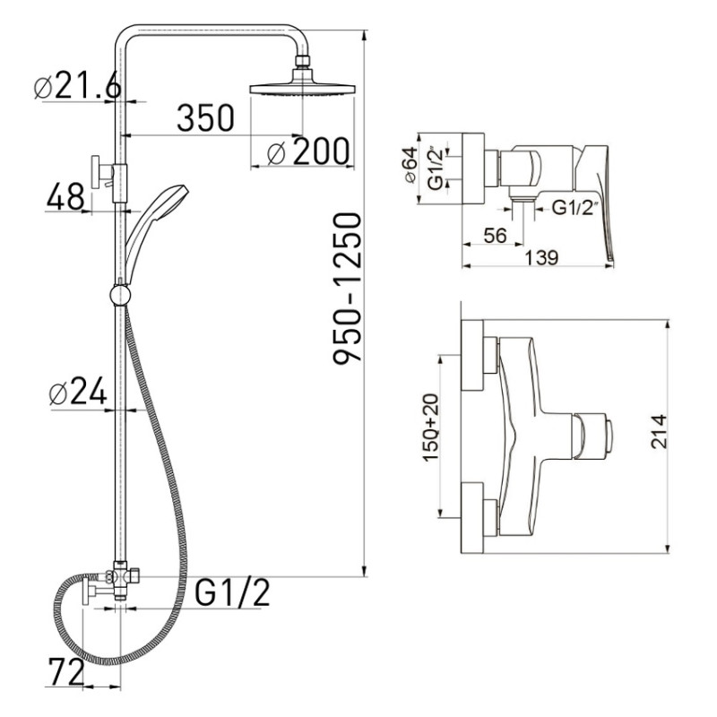 VOLLE Набор: DANIELLA душевой смеситель + NEMO система душевая без смесителя, (151631+151491)