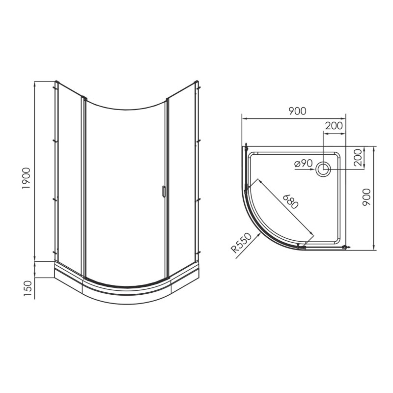 VOLLE DIOS новый душевая кабина 90*90*205см, на мелком поддоне, хром, стекло прозрачное, (10-12-015)