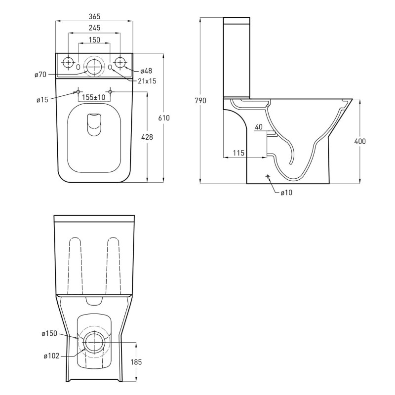VOLLE LEON OPEN компакт підлоговий: унітаз Rimless 62*37*79см не пристінний, гориз. випуск, нижнє підведення, бачок 3/4,5л, сидіння Slim slow-closing, (13-11-959)