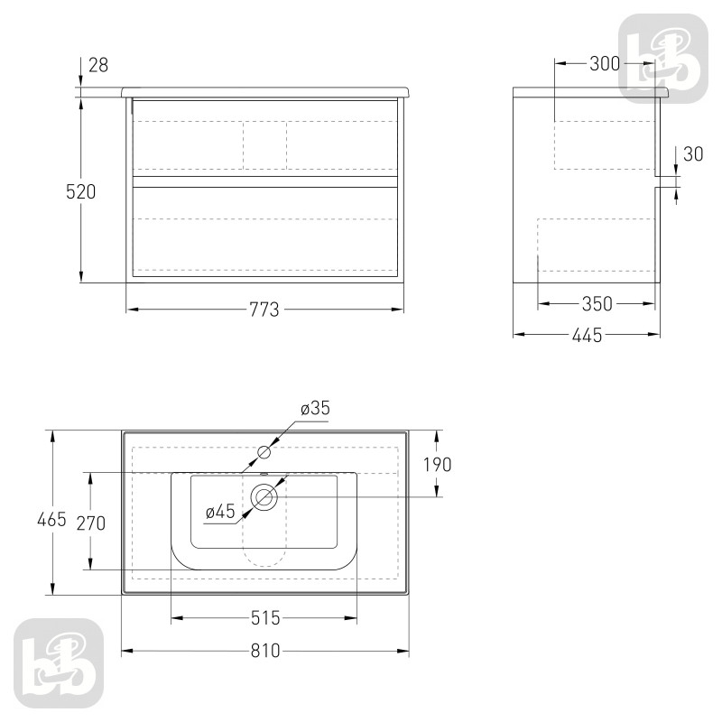 VOLLE TEO комплект меблів 80см сірий: тумба підвісна, 2 ящики + умивальник накладний, (15-88-81G)