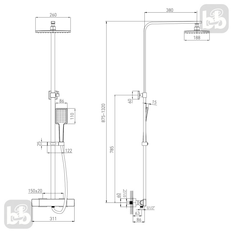 VOLLE DE LA NOCHE душевая система с термостатом (смеситель для душа, верхний и ручной душ 1 режим, шланг полимер 1,5 м), (10-40-9300-black)