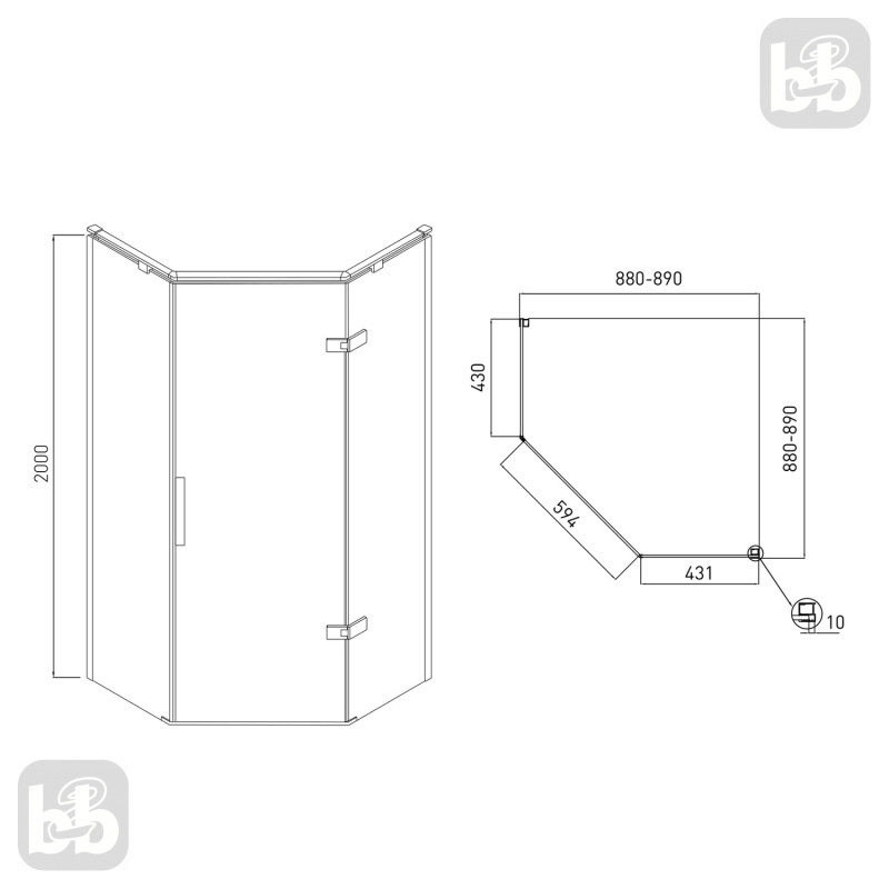 VOLLE NEMO душова кабіна 5-ти кутна 90*90*195см, права, розпашна, прозоре скло 8мм, дзеркальний хром, (10-22-170Rglass)