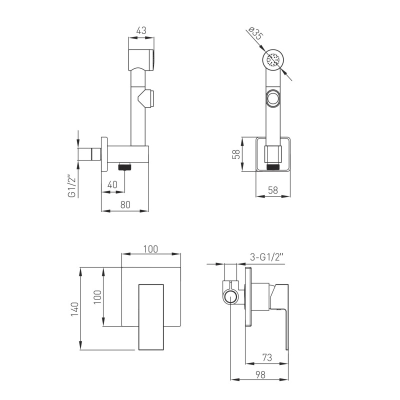 VOLLE SISTEMA L набор гигиенический (смеситель скрытого монтажа с гигиеническим душем), хром, (1511.160101)
