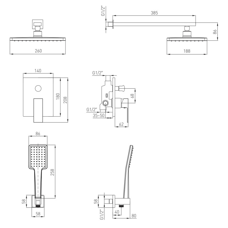 VOLLE СИСТЕМА L система душевого скрытого монтажа (смеситель скрытого монтажа для душа, верхний душ 260*188мм ABS, ручной душ 86мм 1 режим, шланг),de la noche, (1582.090304)