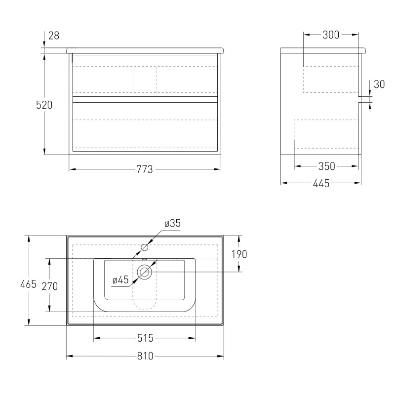 VOLLE TEO комплект меблів 80см дуб готланд: тумба підвісна, 2 ящики + умивальник накладний, (15-88-810Dr)