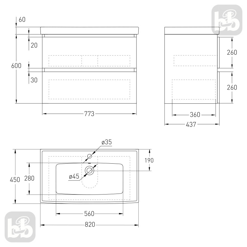 VOLLE OLIVA комплект меблів 80см капучино: тумба підвісна, 2 ящики + умивальник накладний, (15-45-81C)