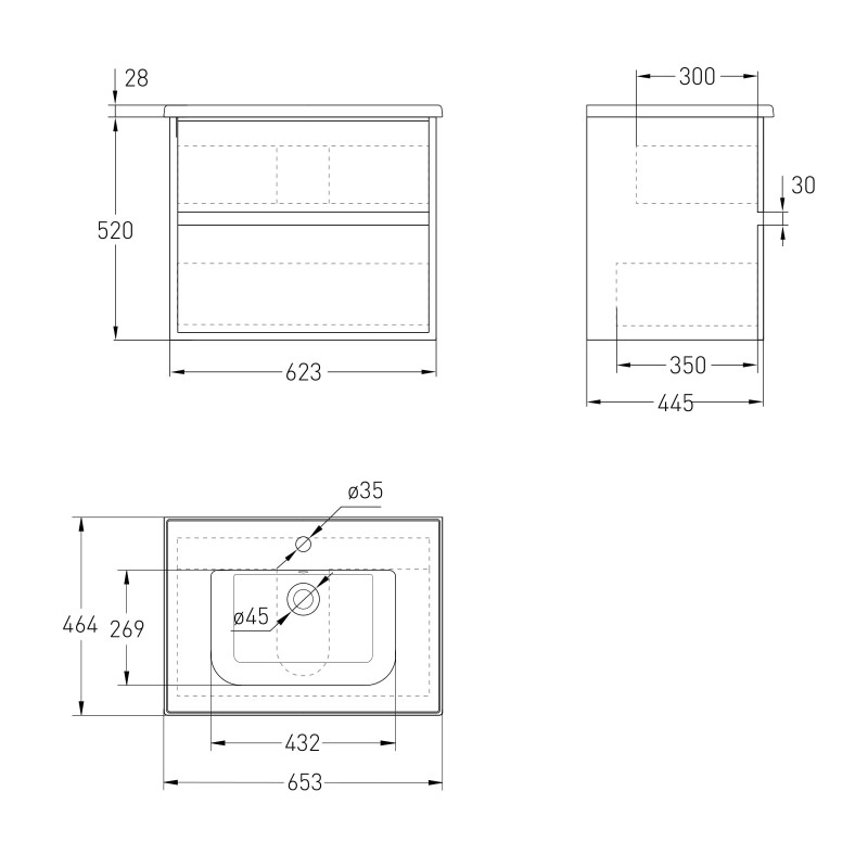 VOLLE TEO комплект меблів 65см сірий: тумба підвісна, 2 ящики + умивальник накладний, (15-88-61G)