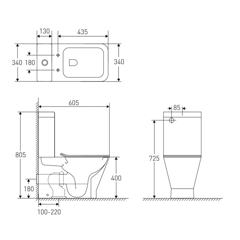 VOLLE LEON REY Rimless компакт 60,5*34*80,5cм підлоговий, гориз. випуск, нижнє підведення, бачок 3/4,5 л, сидіння Slim slow-closing, (13-11-858)
